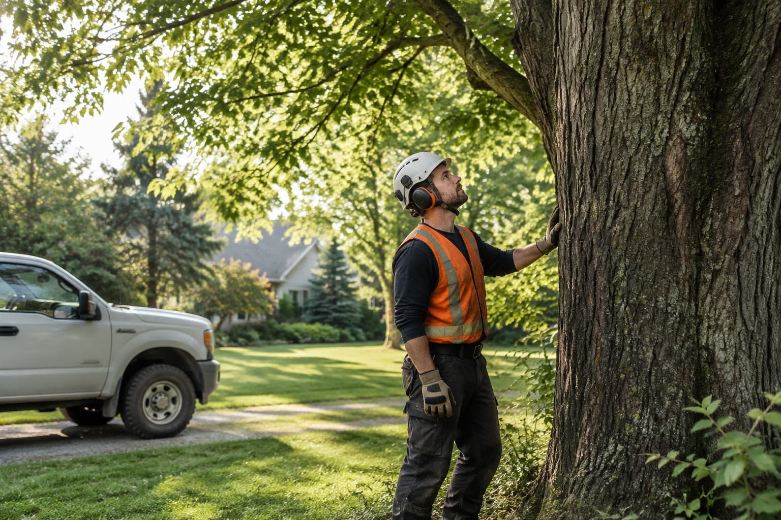 Illustrative tree care business at work in a sunlit neighborhood